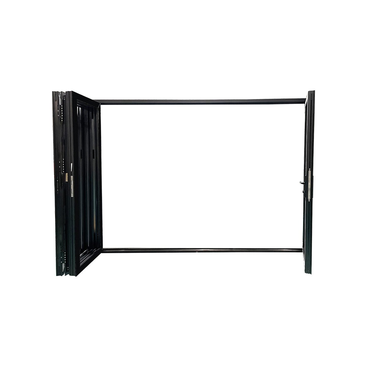 Exterior folding door open showing extended panel layout and wide opening