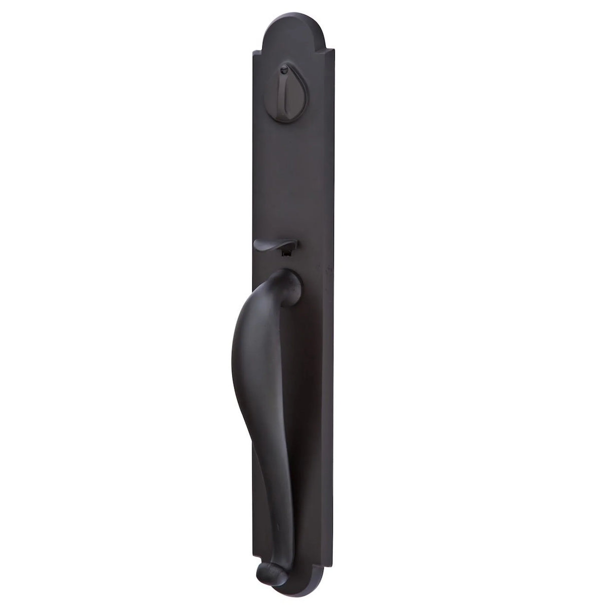 Matte black Premium exterior front door handle set with decorative entry hardware, front view