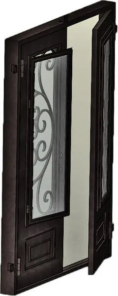 Iron double front door with operable glass panels open for ventilation, showing functional glass design
