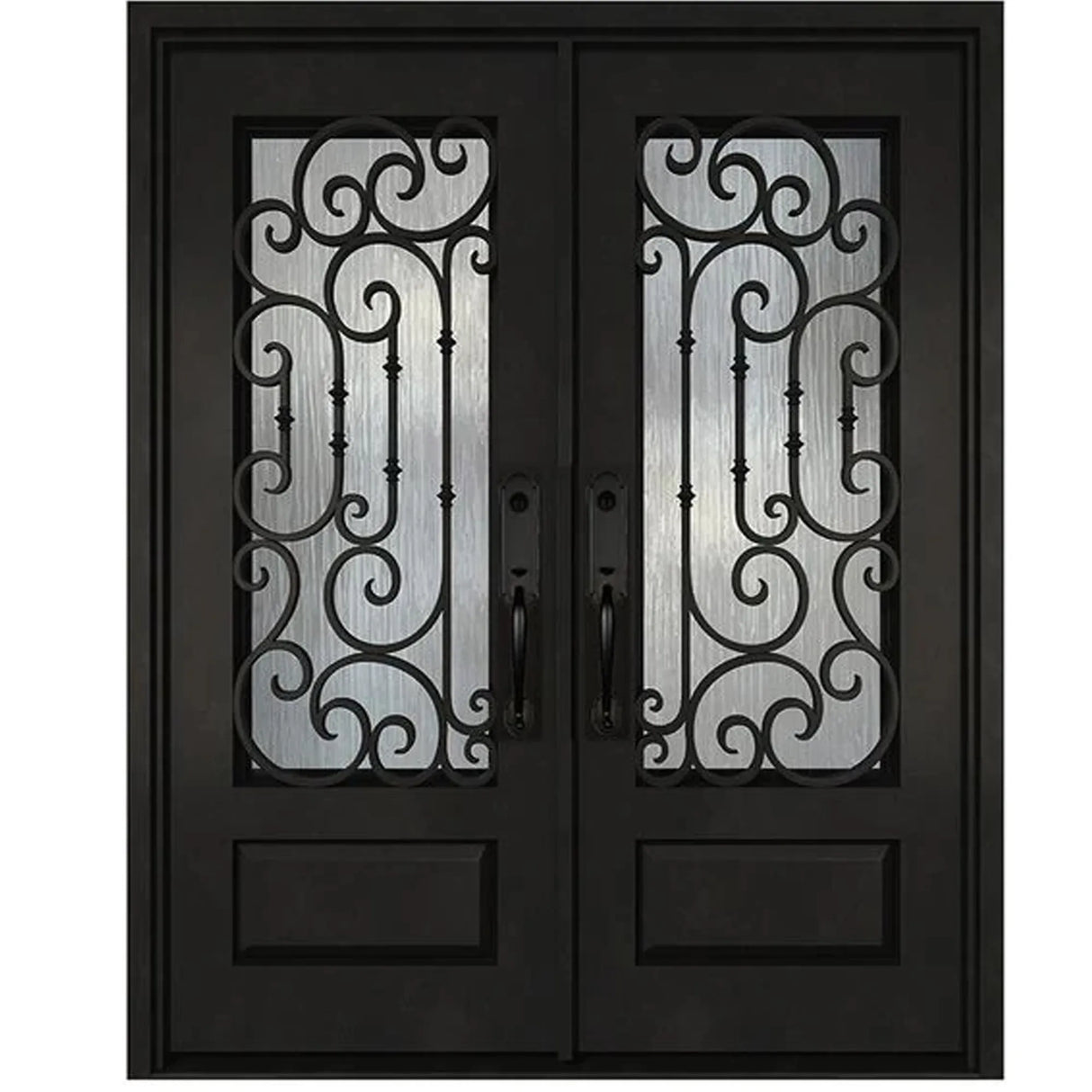 Black iron double front entry door with glass panels, modern straight-on exterior view