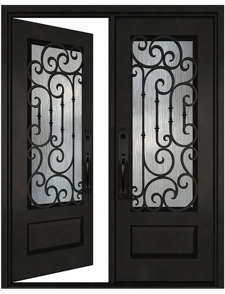 Black iron double entry door in left-hand inswing configuration with full glass panels and steel frame