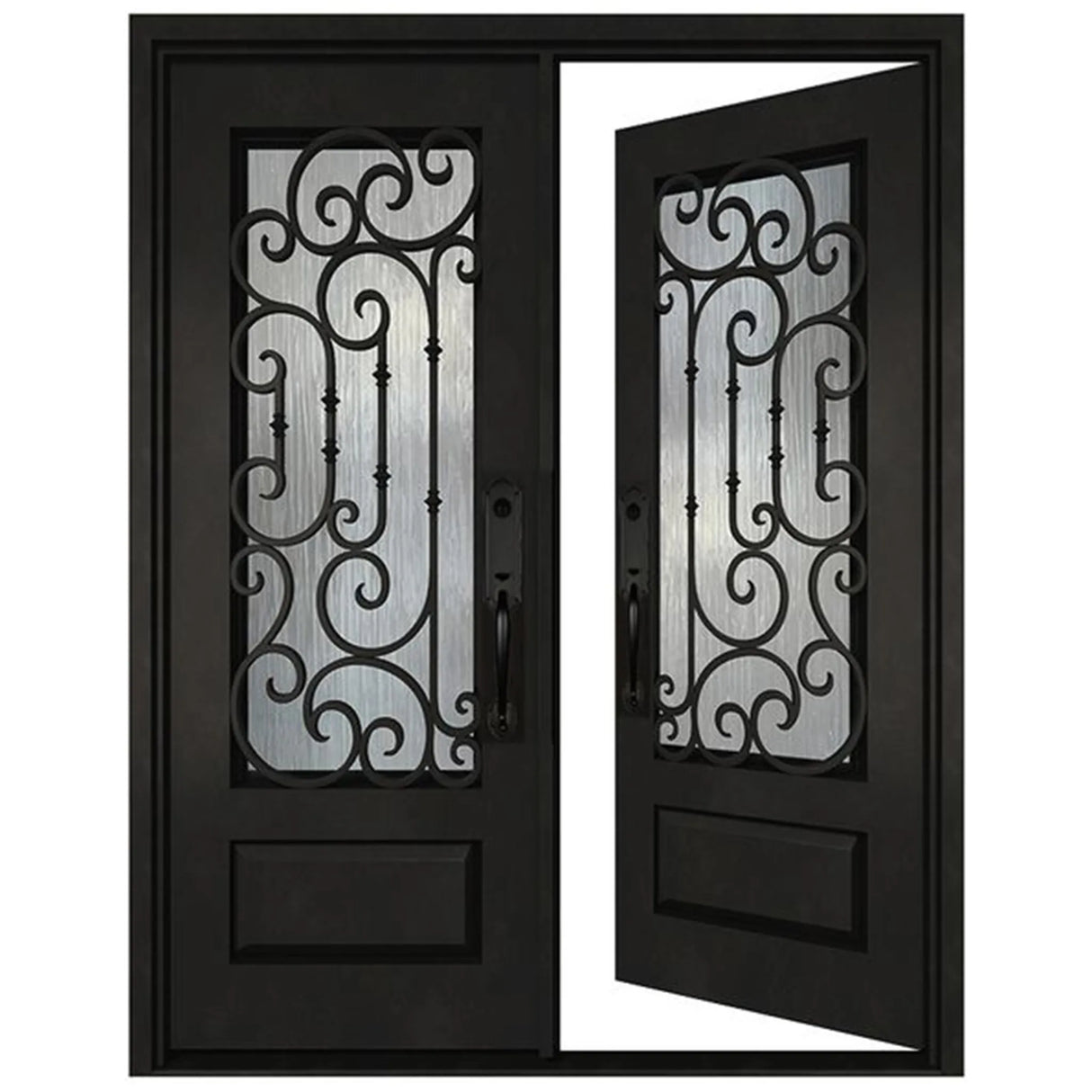 Black iron double front door in right-hand inswing orientation with glass panels, exterior perspective