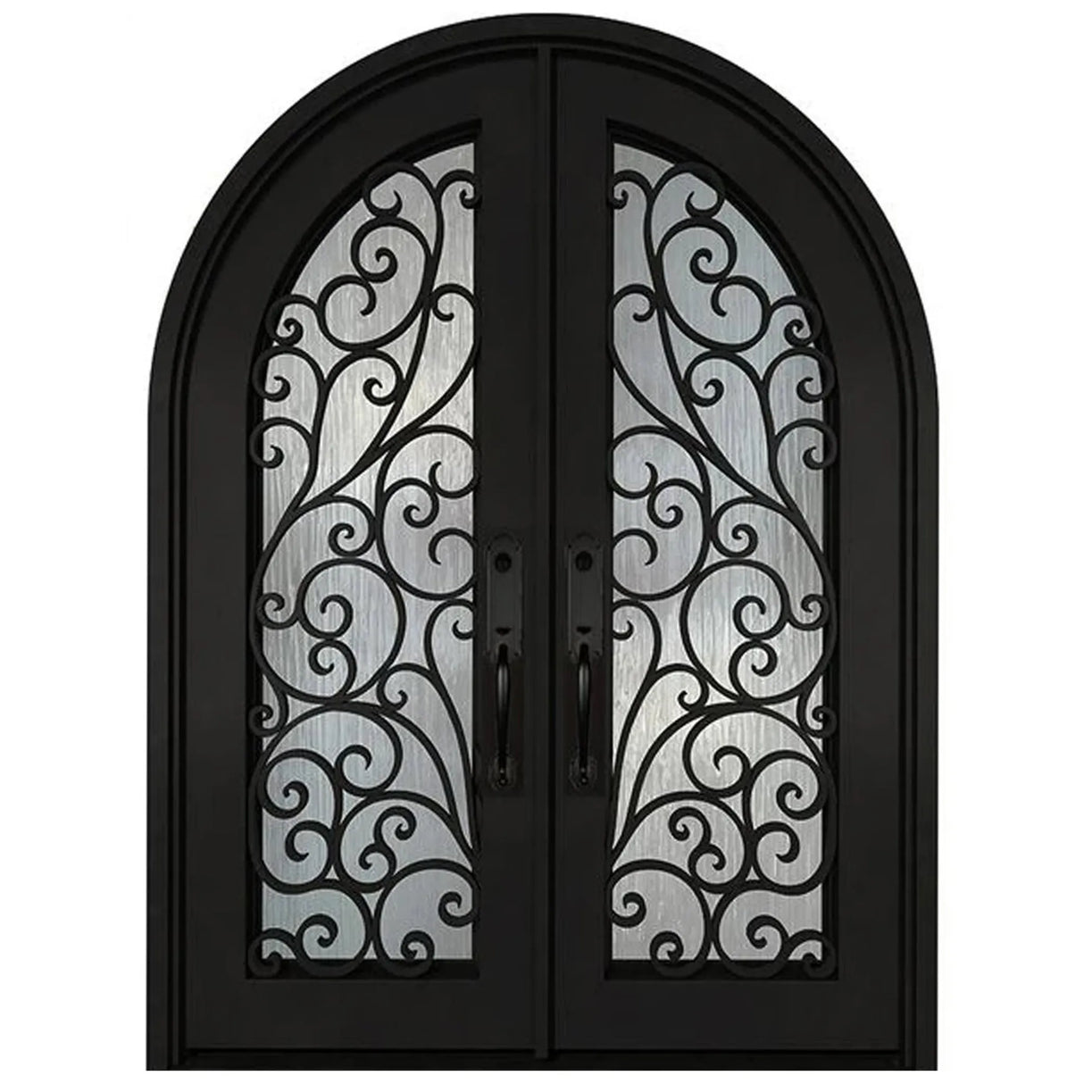 Black iron double front entry door with glass panels, modern exterior straight-on view