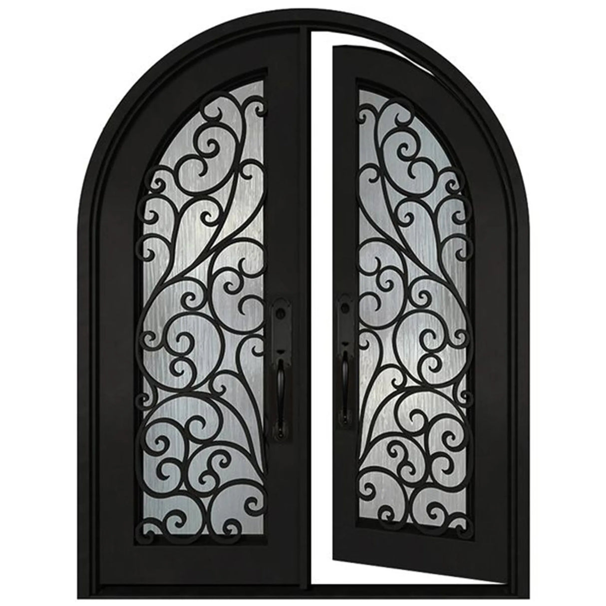 Black iron double front door in right-hand inswing orientation with glass panels, exterior perspective
