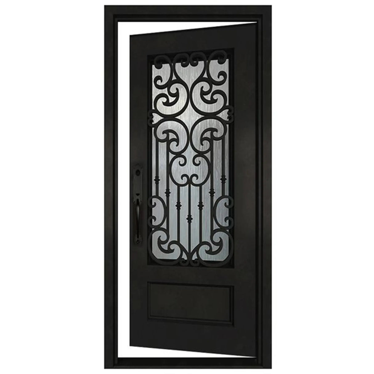 Black iron single entry door shown in right-hand inswing orientation with vertical glass panels, exterior front view
