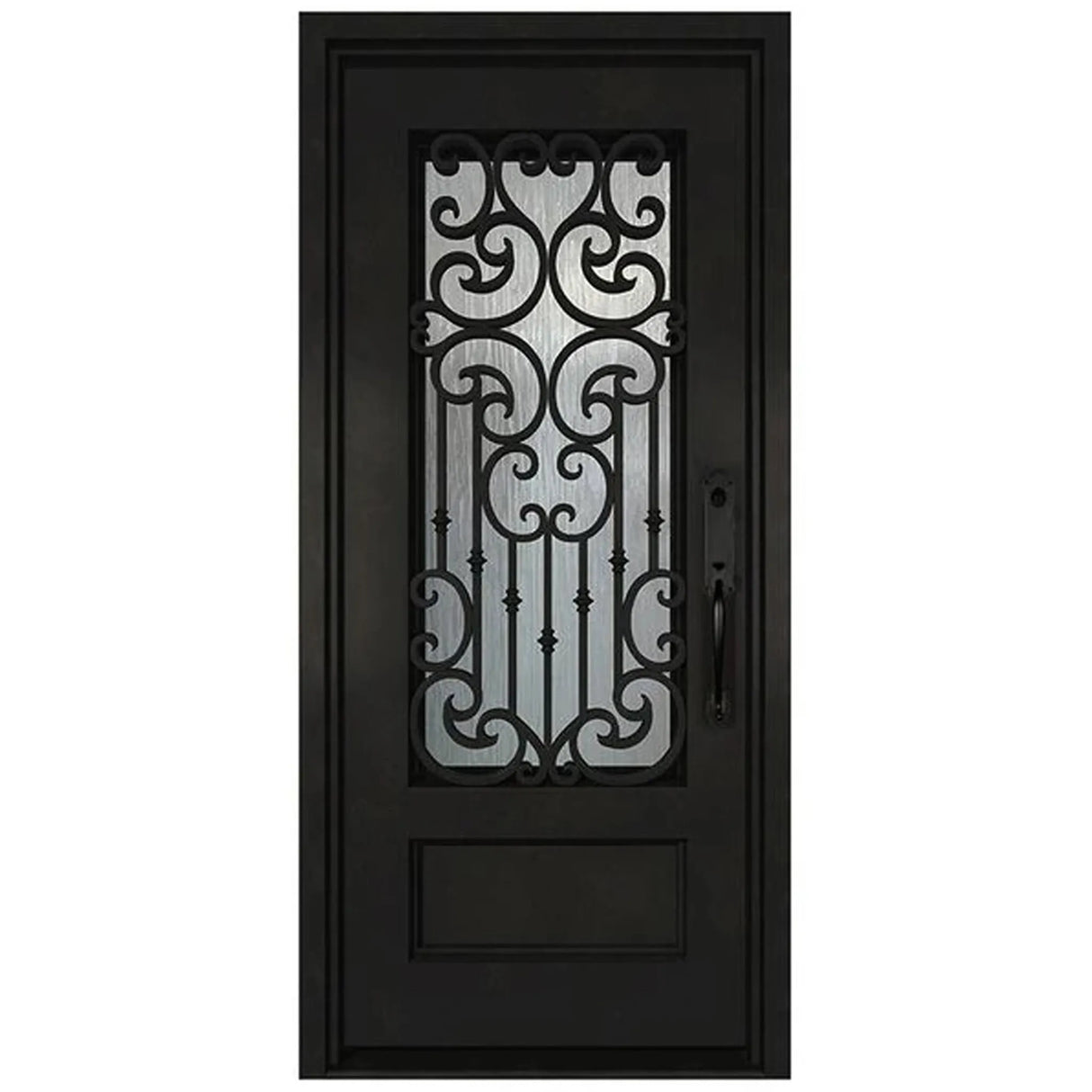 Black iron single front entry door with vertical glass panels, modern steel frame, straight-on view
