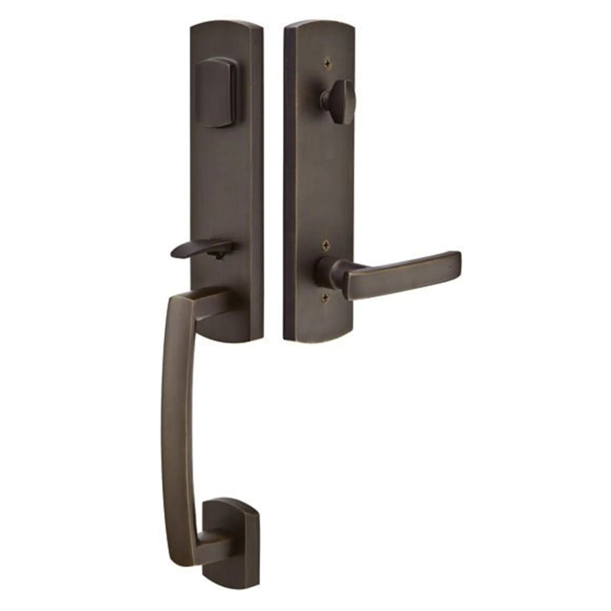 Bronze front entry door handle set with deadbolt and grip handle, exterior door hardware, front view