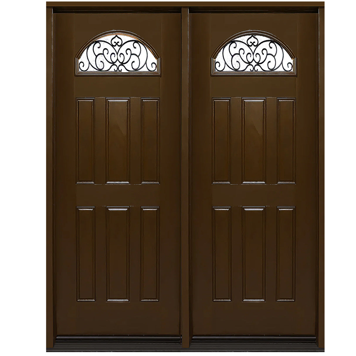 Fiberglass double front entry door with glass panels and wood grain finish, modern exterior straight-on view