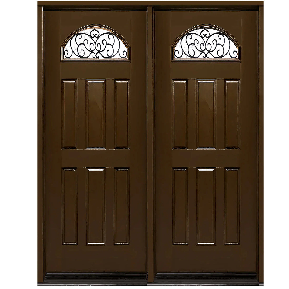 Fiberglass double front entry door with glass panels and wood grain finish, modern exterior straight-on view