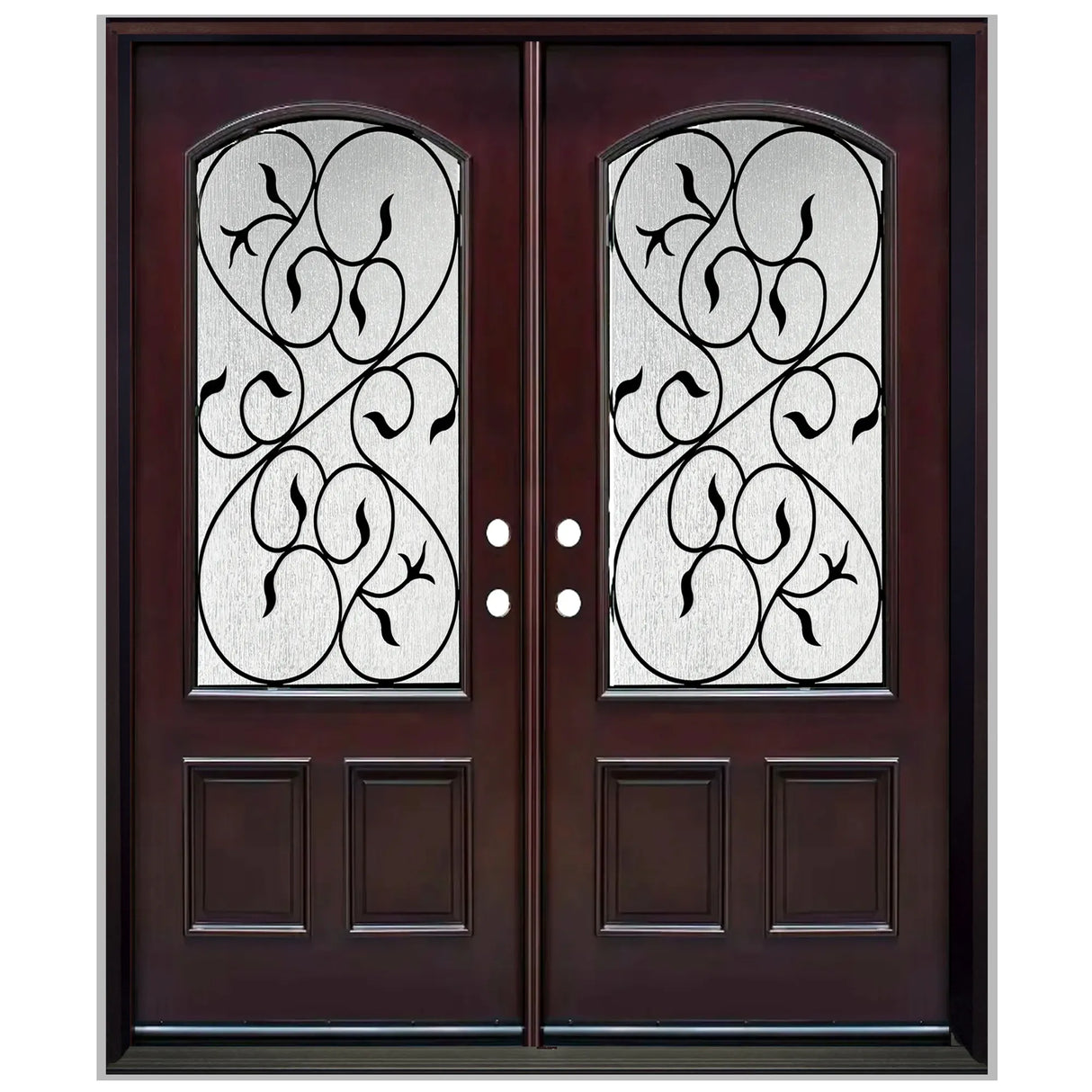 Double front entry door with decorative glass panels and classic panel design, straight-on exterior view