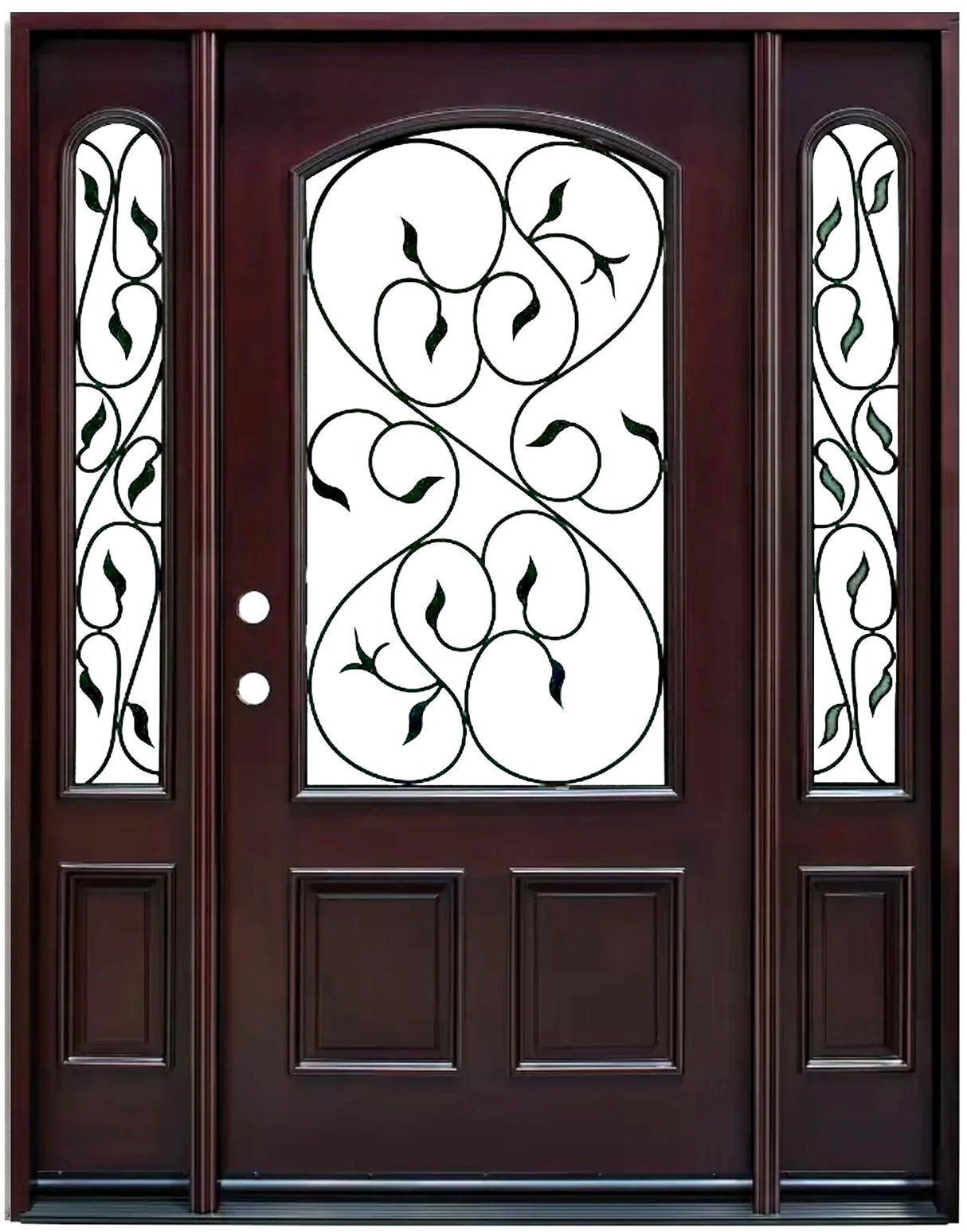 Front entry door with two sidelights and decorative glass panels, classic exterior front view