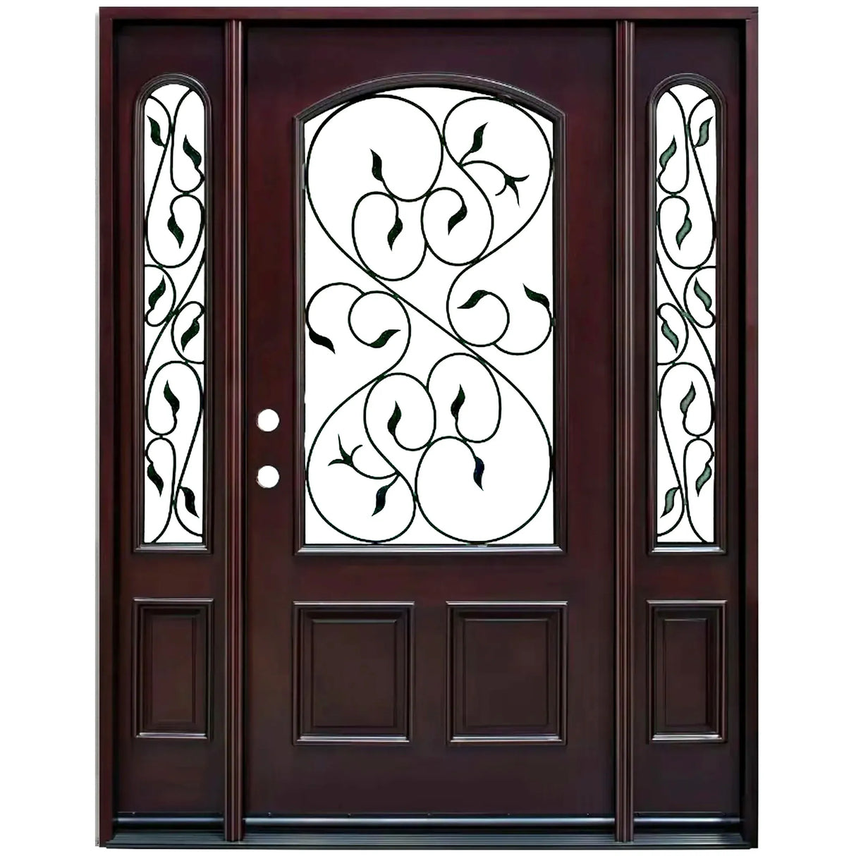 Front entry door with two sidelights and decorative glass panels, classic exterior front view