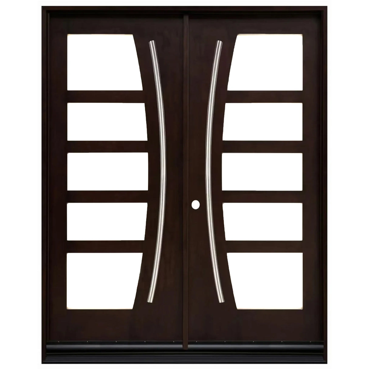 Double front entry door with decorative glass panels and classic panel design, straight-on exterior view