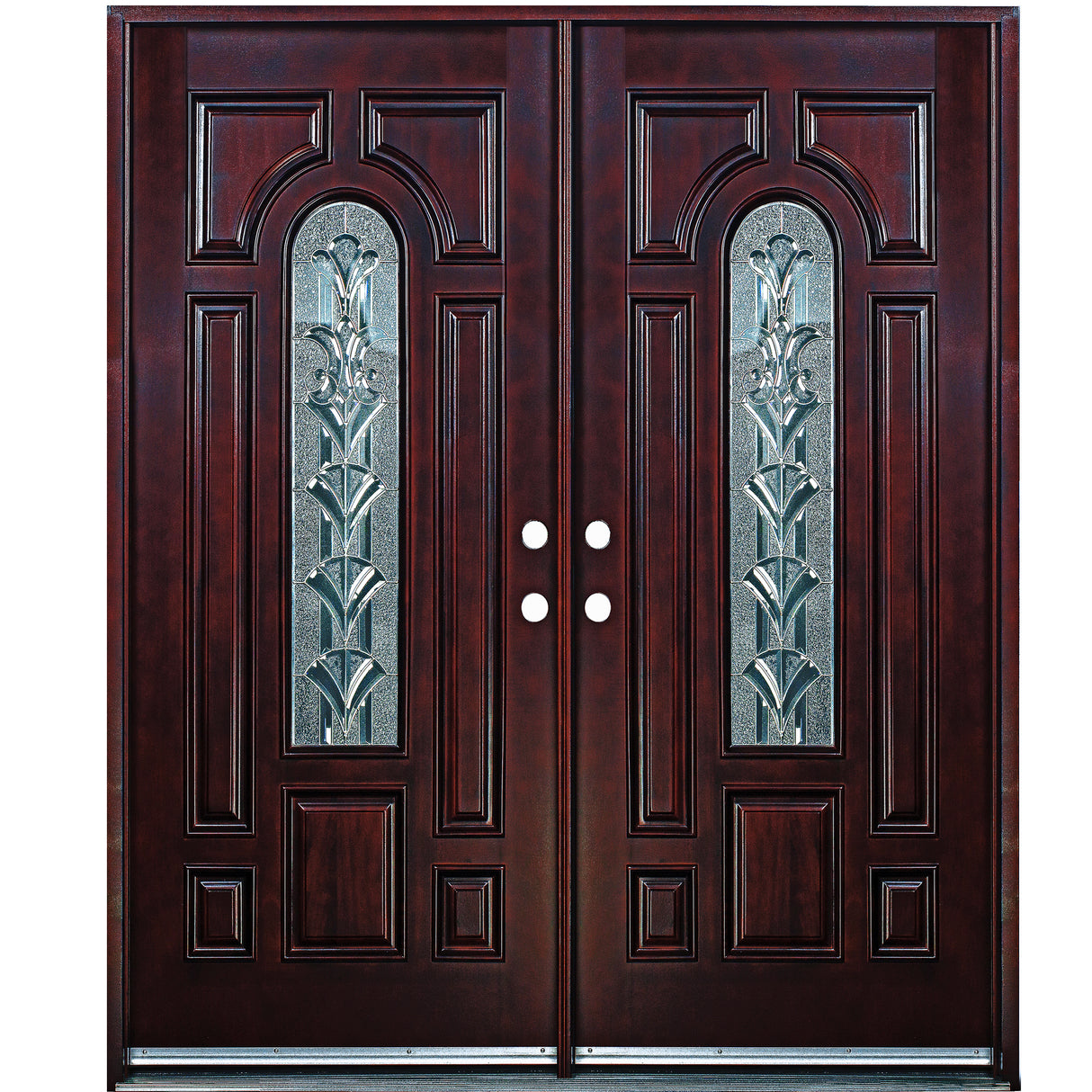 Double front entry door with decorative glass panels and classic traditional design, straight-on exterior view