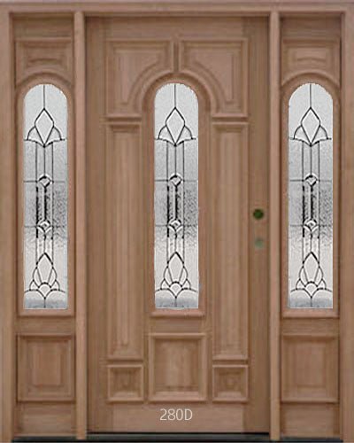 Exterior solid wood entry door with two sidelights and classic panel design