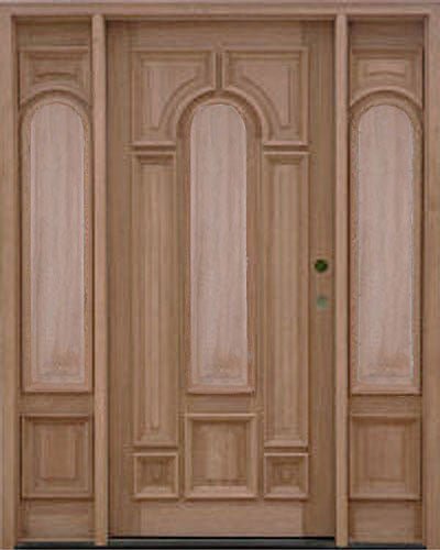 Exterior solid wood entry door with two sidelights and classic panel design