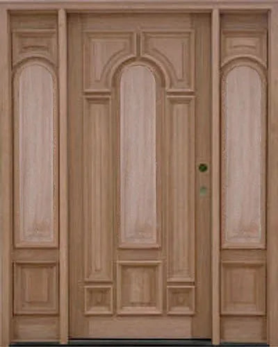 Exterior solid wood entry door with two sidelights and classic panel design