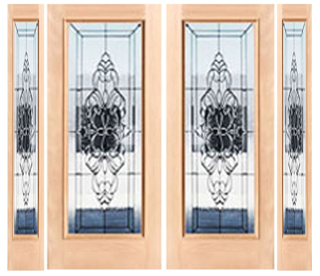 Exterior double solid wood entry doors with sidelights and classic panel design