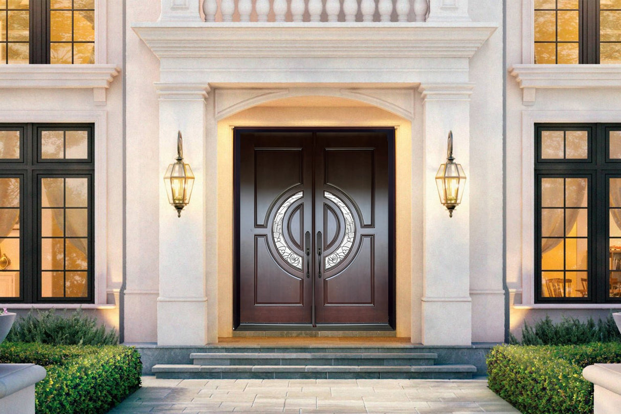 Double front entry door installed on home exterior with crescent glass panels and traditional styling