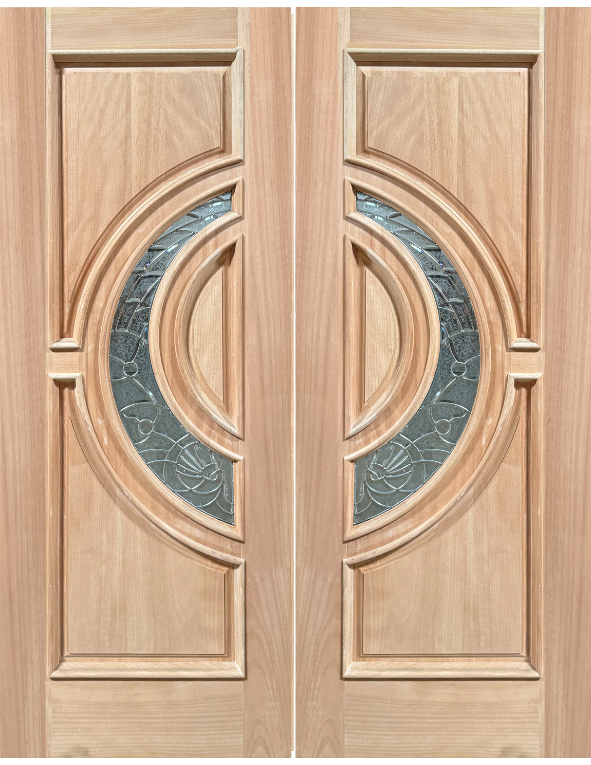 Exterior double solid wood entry doors with classic panel design and crescent glass