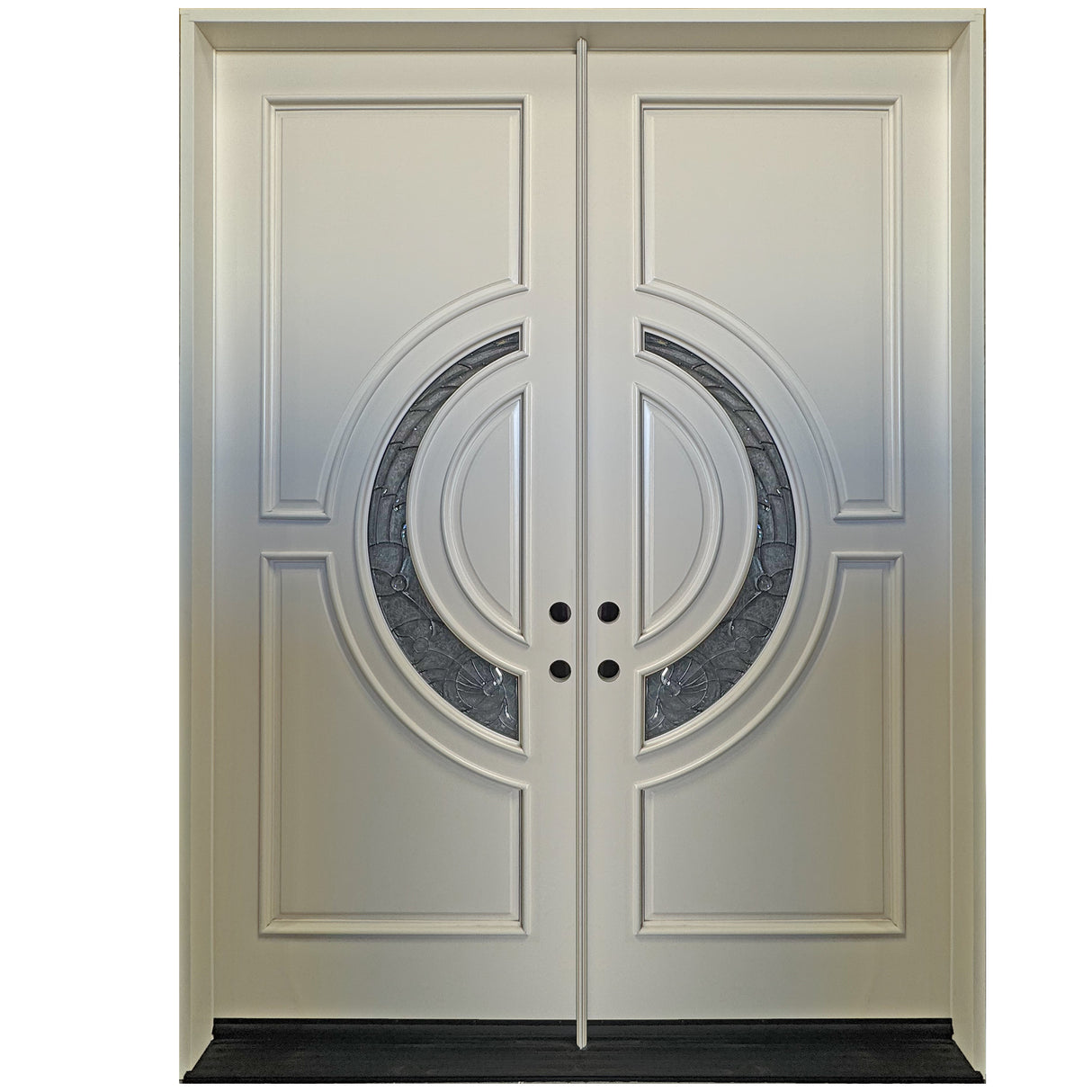 White double front entry door with crescent glass panels and classic design, straight-on view