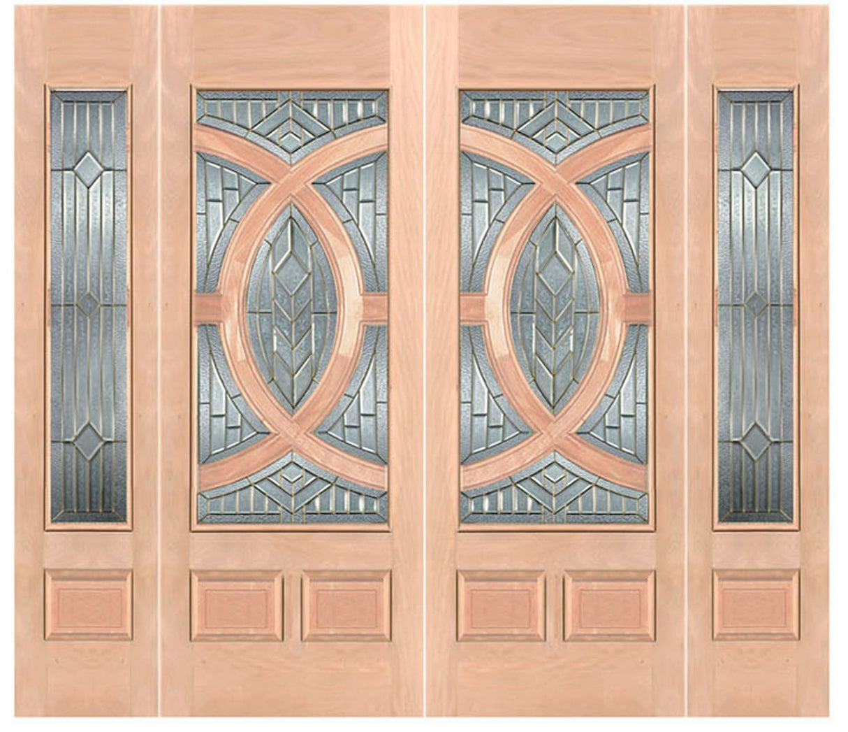 Exterior double solid wood entry doors with sidelights and classic panel design
