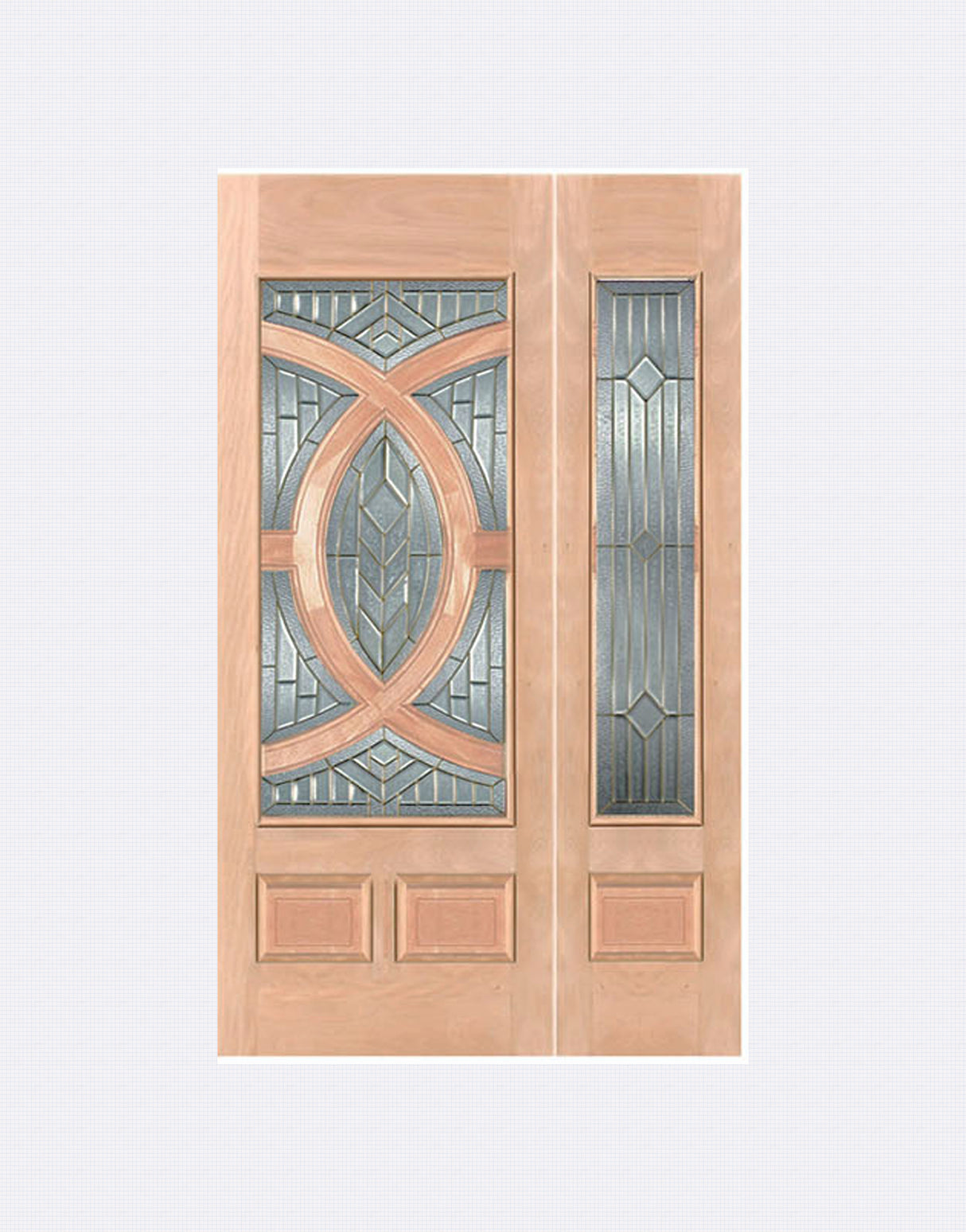 Exterior solid wood entry door with one sidelight and classic panel design