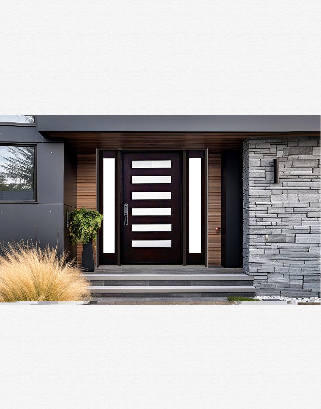 Front entry door with sidelights installed on home exterior featuring solid panel design and modern style