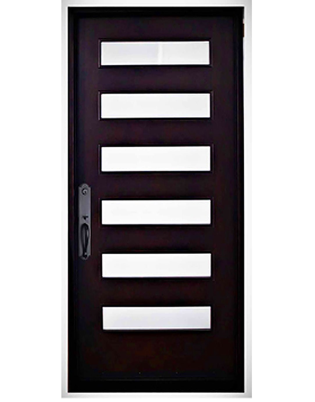 Single front entry door with solid panel design and clean classic look, straight-on view