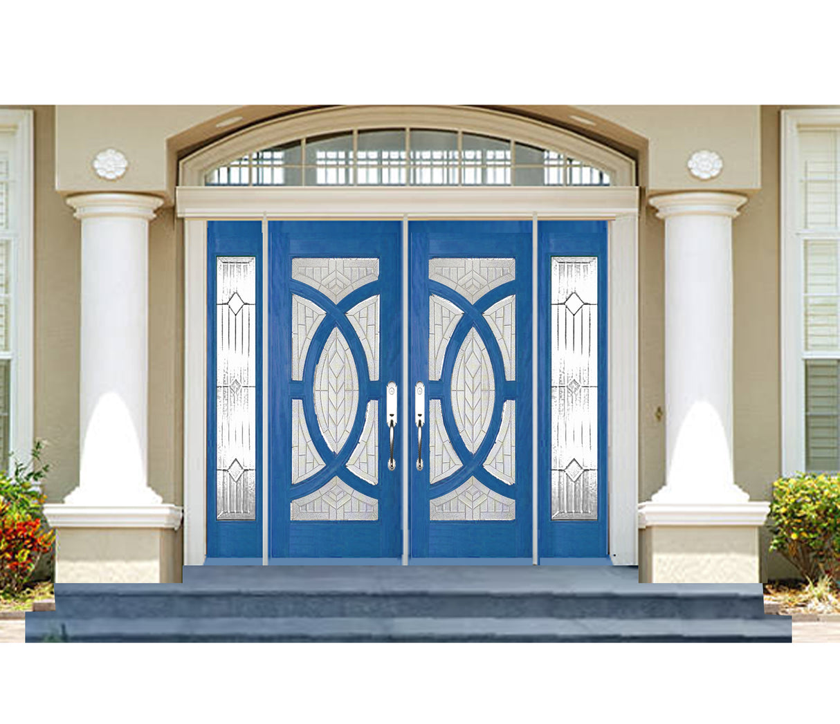 Double solid wood entry doors with sidelights decorative panel layout blue