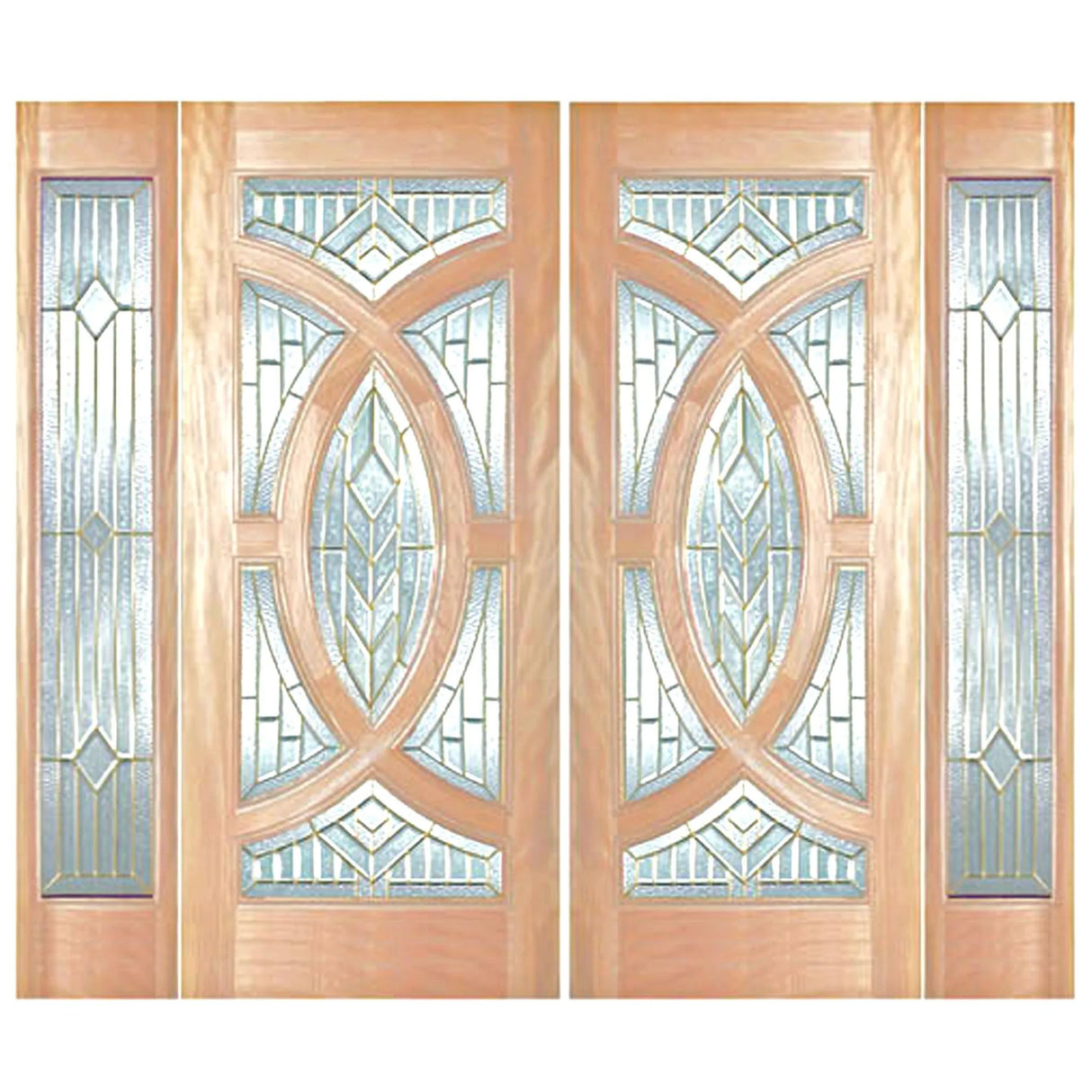 Double solid wood entry doors with sidelights and decorative panel layout