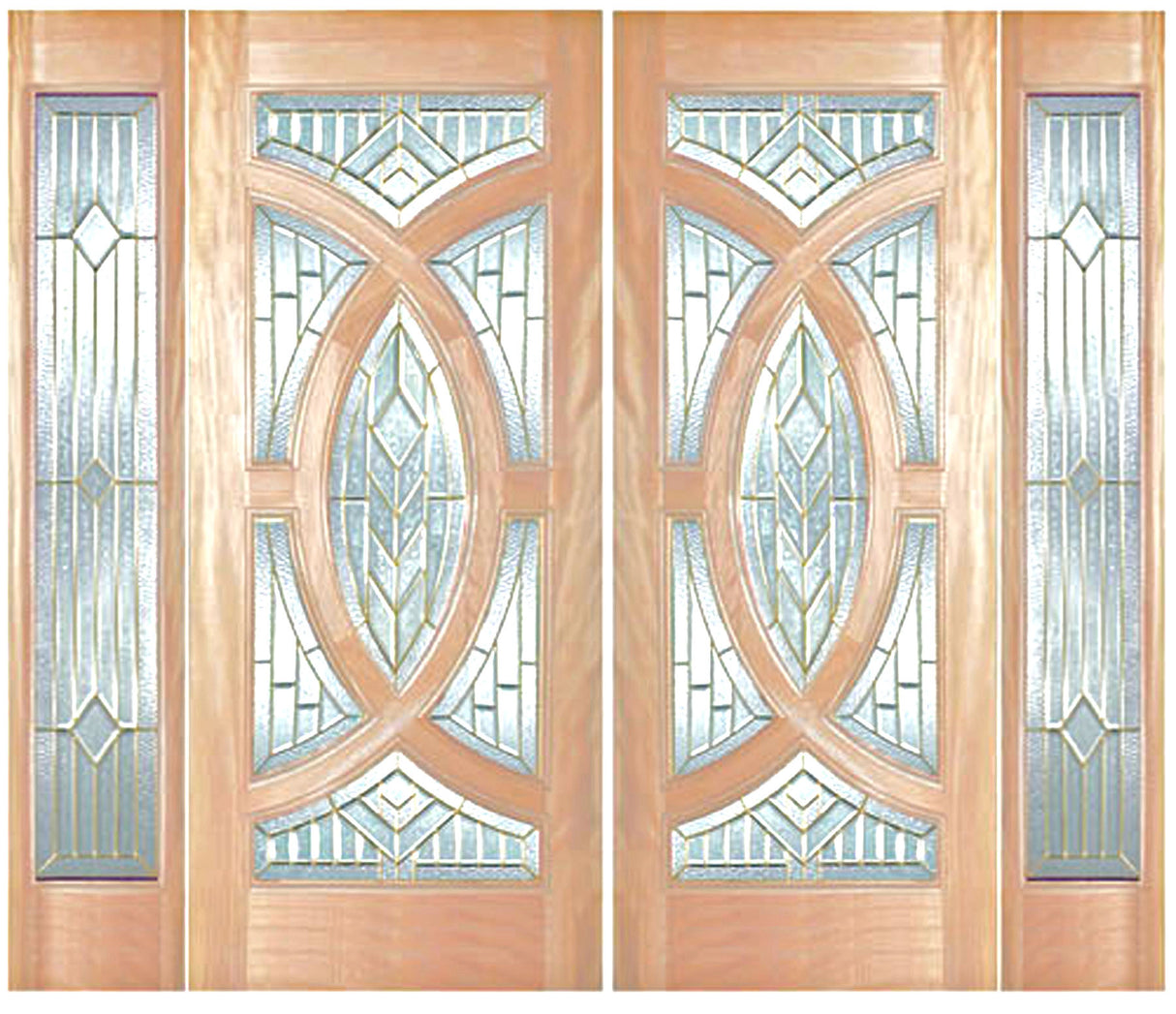 Double solid wood entry doors with sidelights and decorative panel layout