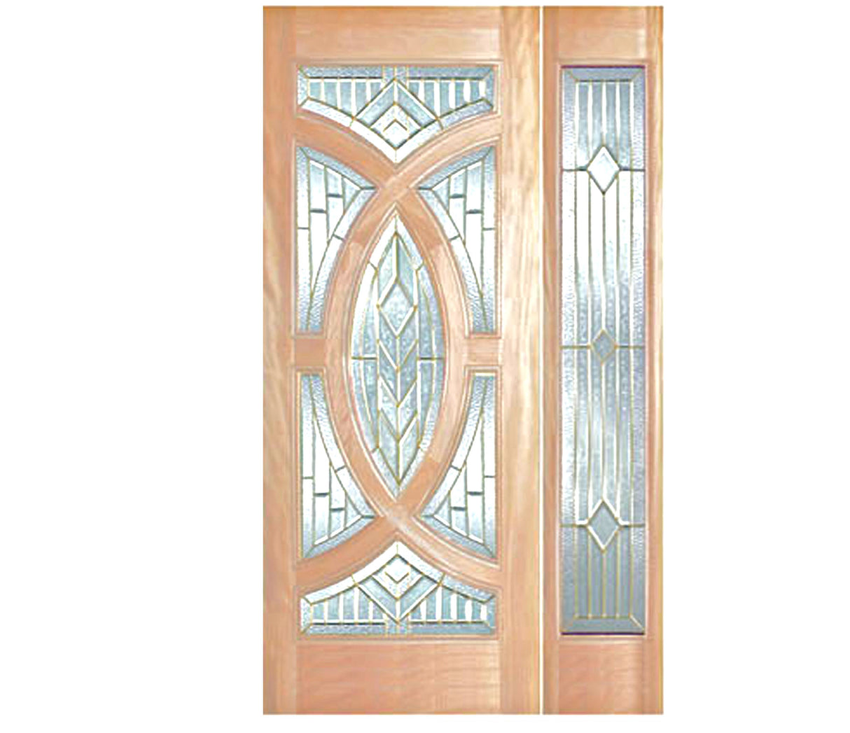 Solid wood slab entry door with decorative panel design and sidelight