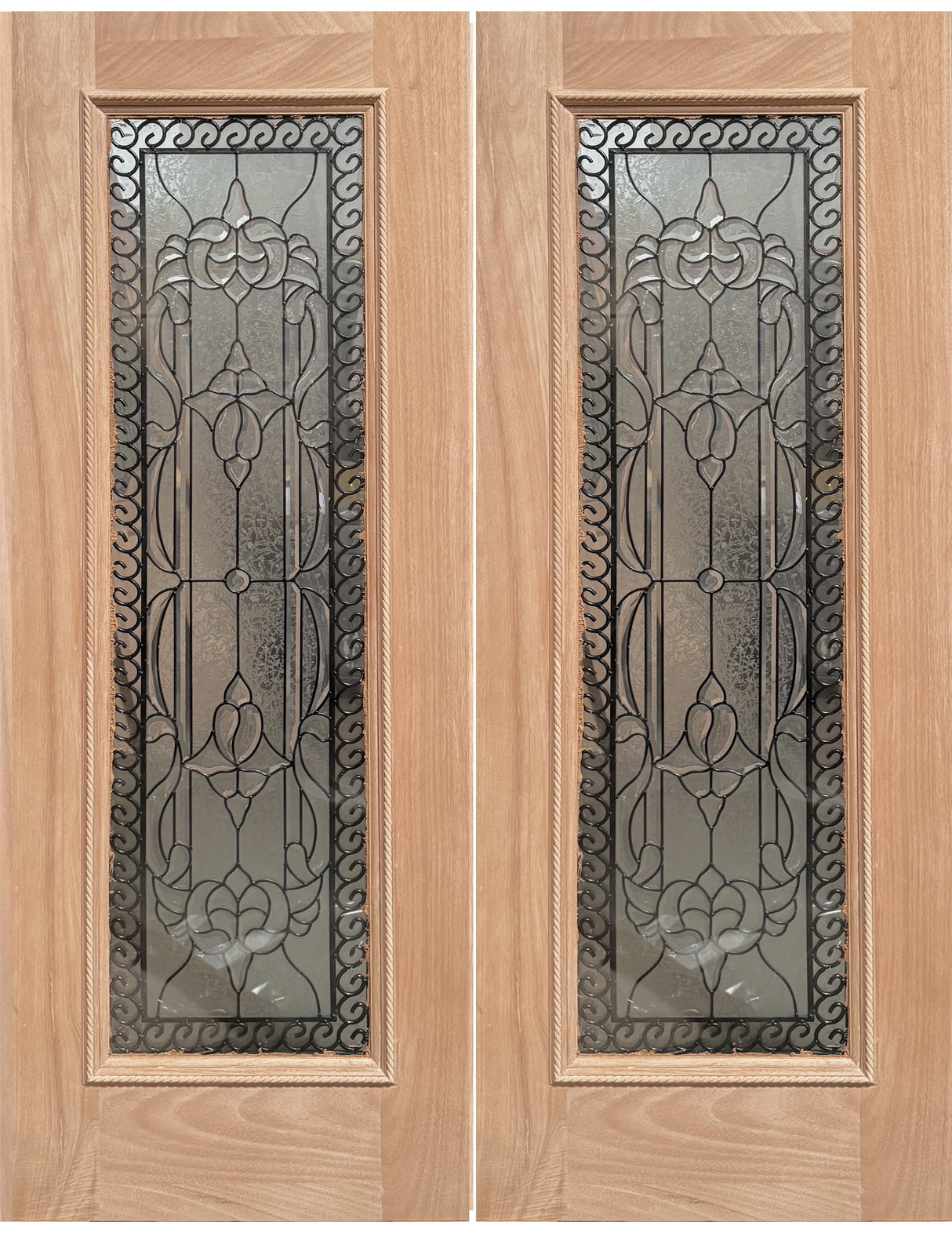 Exterior double solid wood entry doors with classic panel design, front view