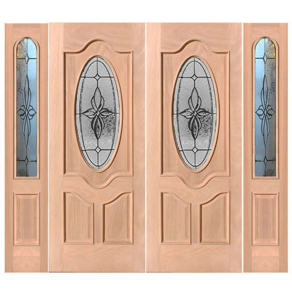 Exterior double solid wood entry doors with sidelights and classic panel design
