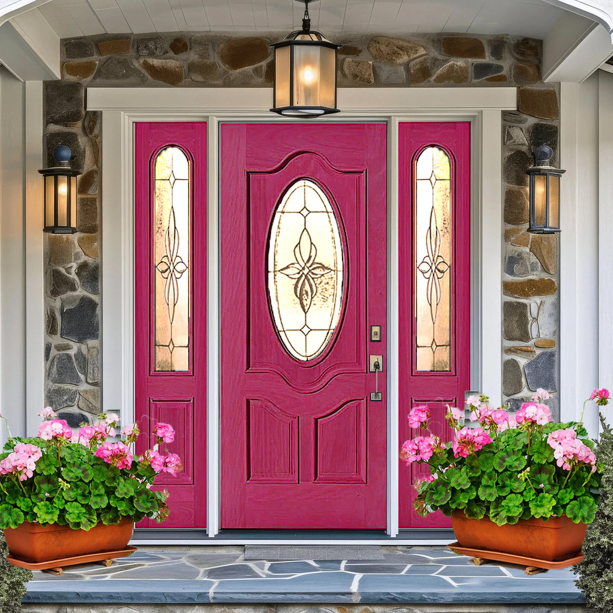 Exterior solid wood entry door with two sidelights and classic panel design