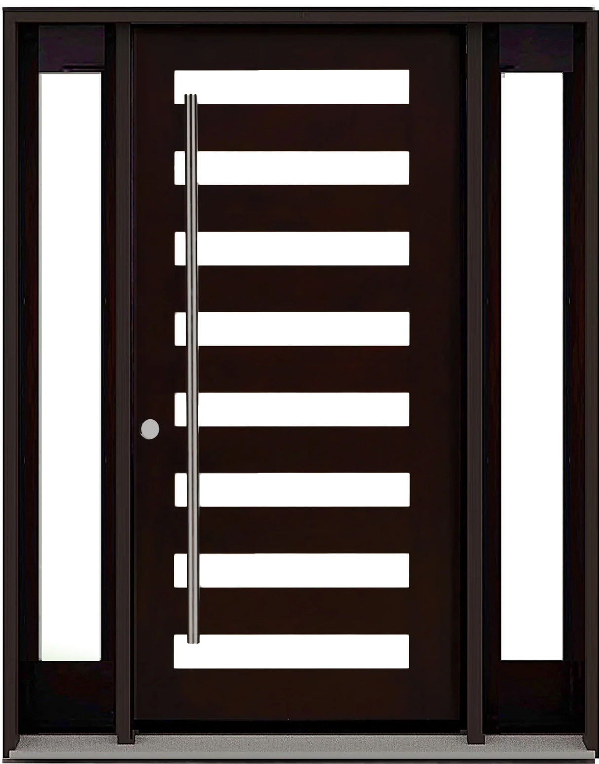 Double front entry door with decorative glass panels and classic panel design, straight-on view
