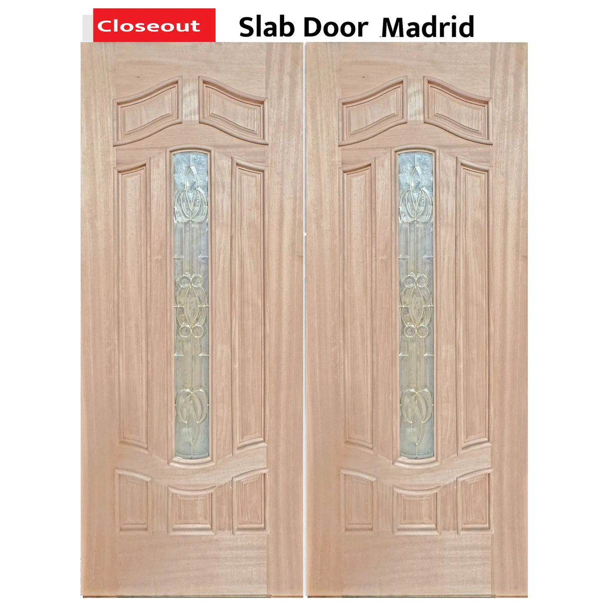 Exterior double solid wood entry doors with classic panel design, front view