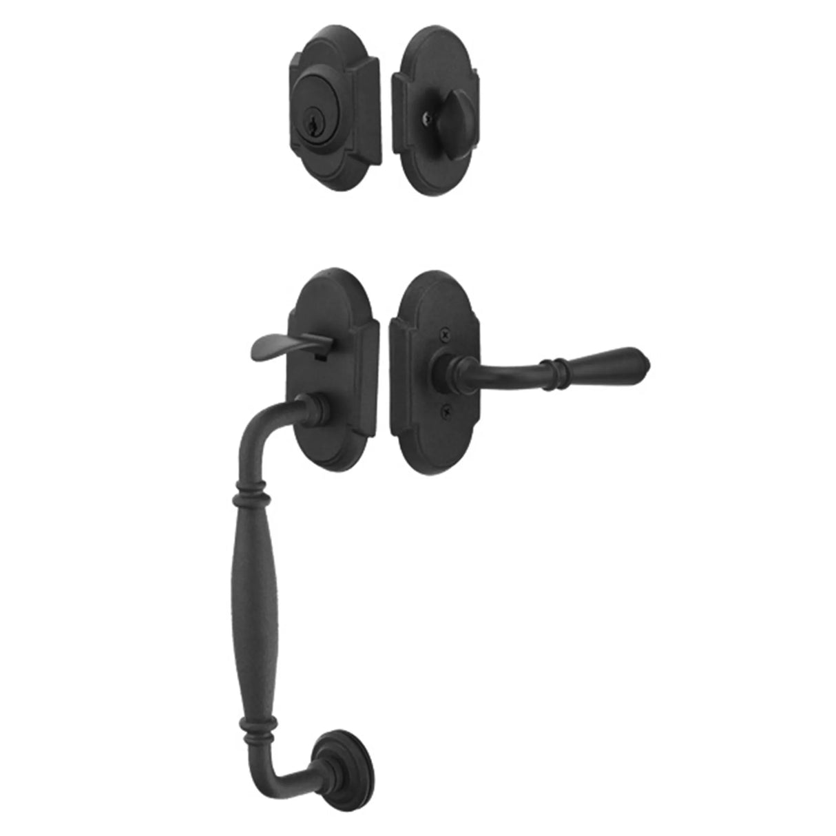 Premium front door handle set with deadbolt and designer grip handle, exterior hardware