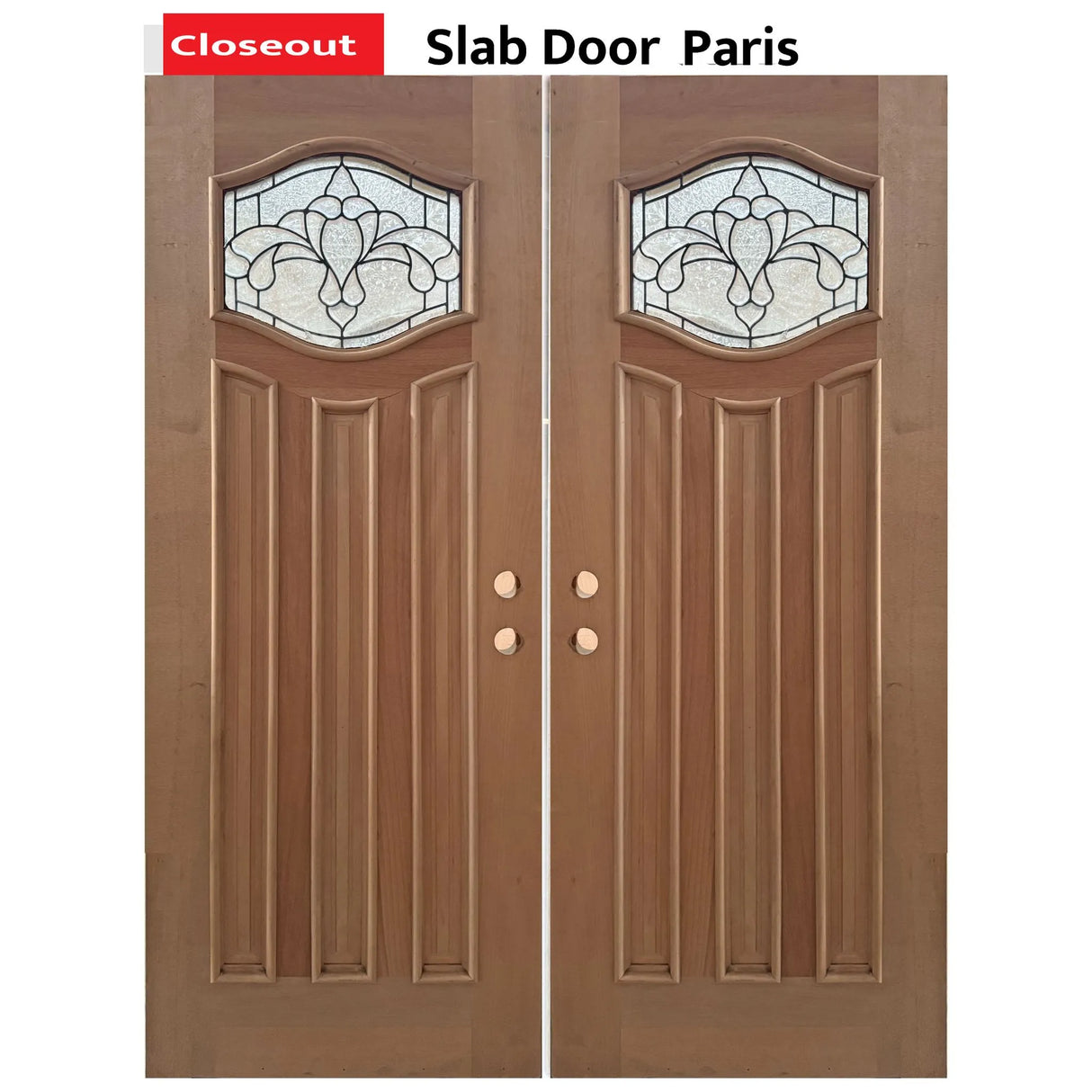 Exterior double solid wood entry doors with classic panel design, front view