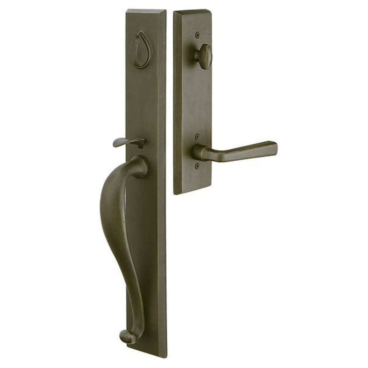 Front entry door handle set with deadbolt and grip handle, exterior door hardware, front view