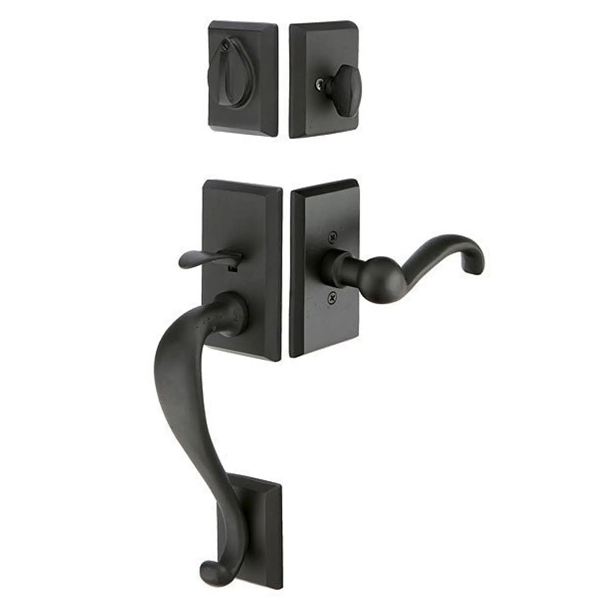 Black front entry door handle set with deadbolt and grip handle, exterior door hardware, front view