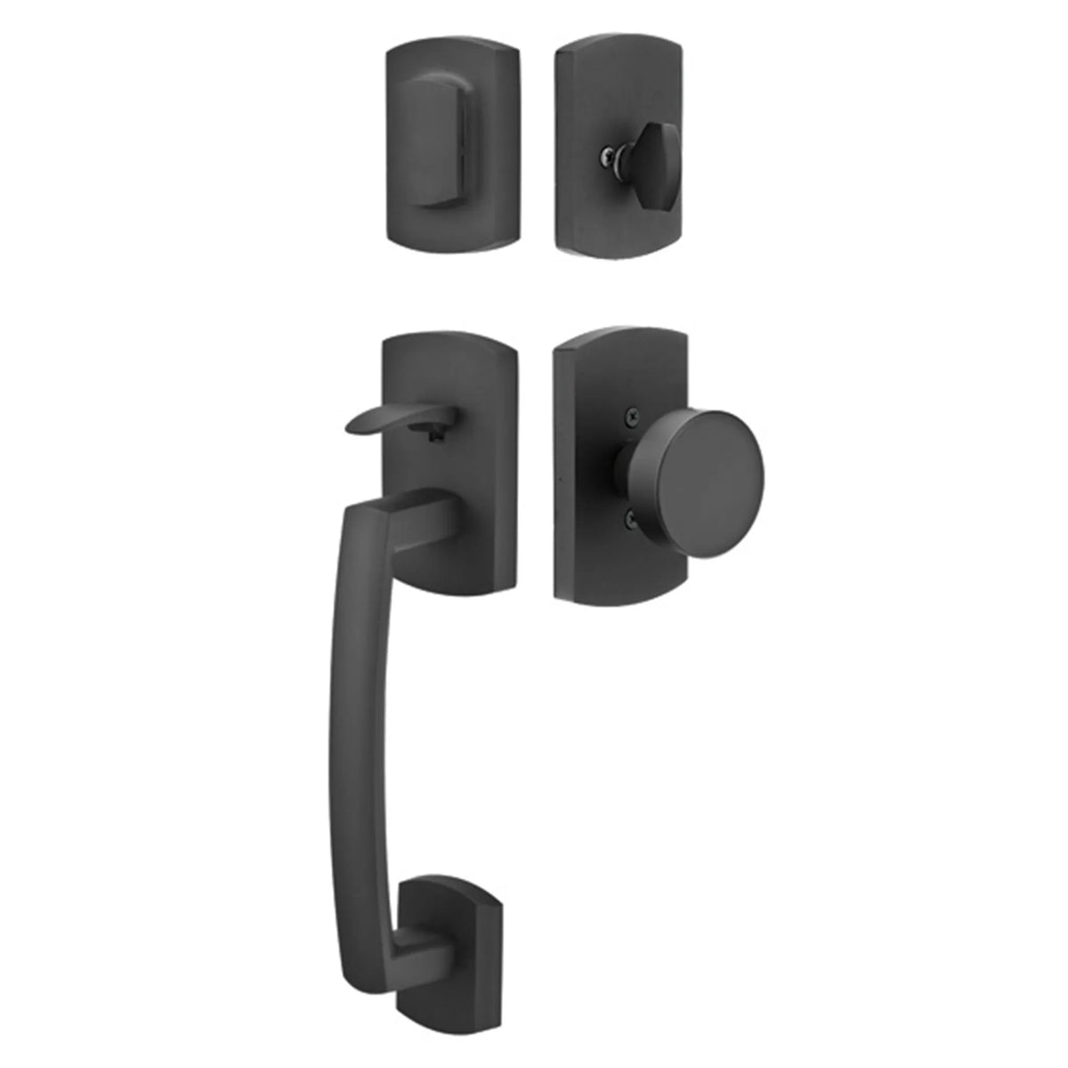 Matte black front entry door handle set with deadbolt and grip handle, exterior door hardware, front view