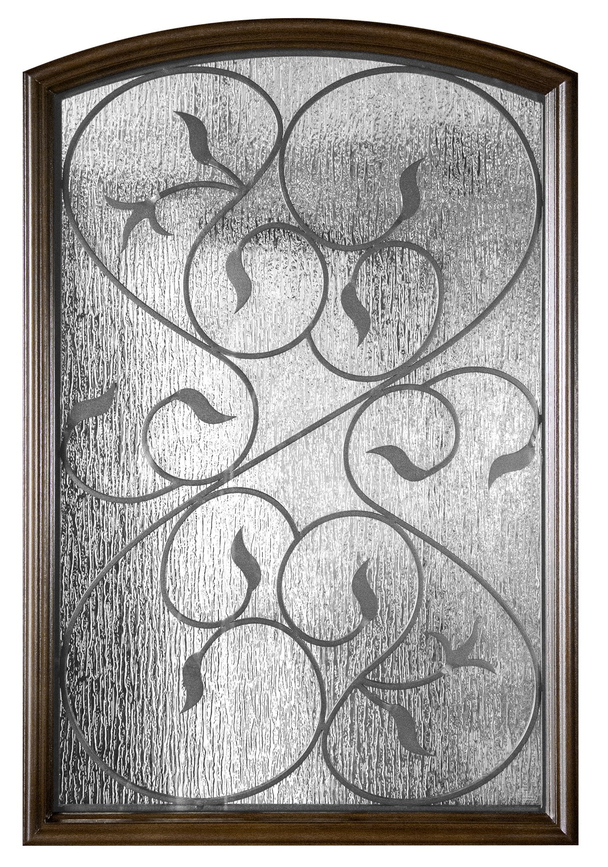 Close-up of rain glass panel on fiberglass entry door showing textured privacy glass detail and light diffusion