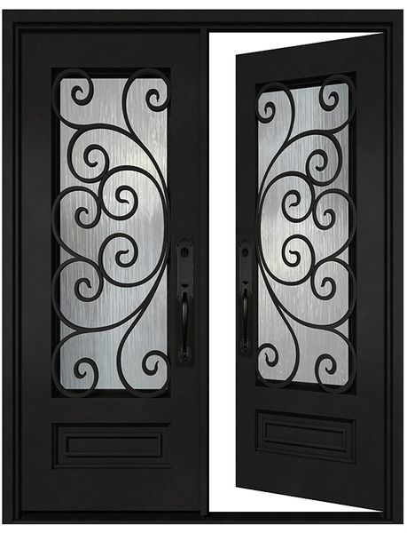 Black iron double entry door in right-hand inswing orientation with full glass panels, exterior front view