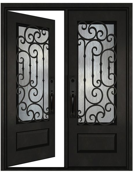 Black iron double entry door in left-hand inswing configuration with full glass panels and steel frame