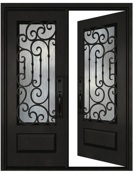Black iron double front door in right-hand inswing orientation with glass panels, exterior perspective