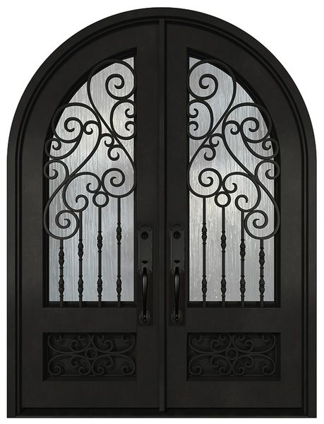 Black iron double front entry door with large glass panels, modern exterior straight-on view