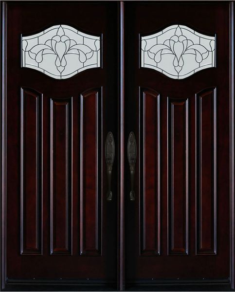Double front entry door with decorative glass panels and Paris-style design, straight-on exterior view
