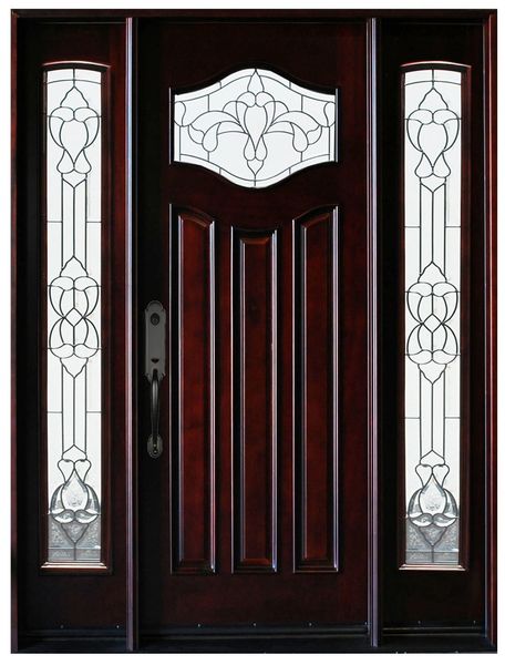 Front entry door with two sidelights and decorative glass panels, classic Paris-style design, straight-on exterior view